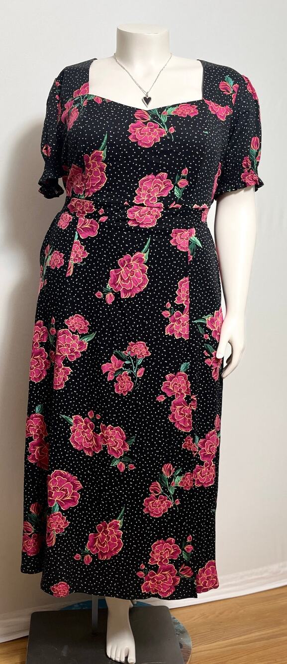 Torrid NWT Midi Dress 2 / 2X 18-20 Black Pink Floral Polka Dot Smocked Sleeve